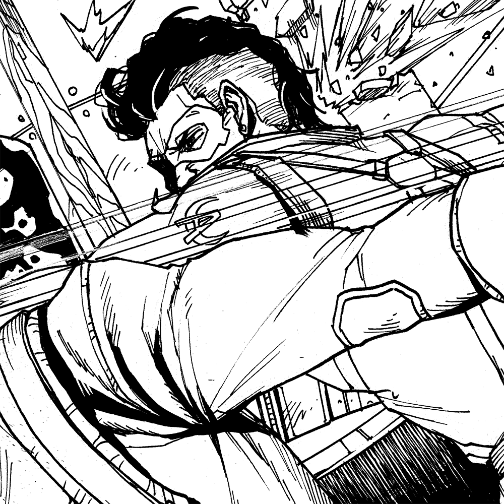 Arron Fischer is punching someone by his left arm, black and white drawing.