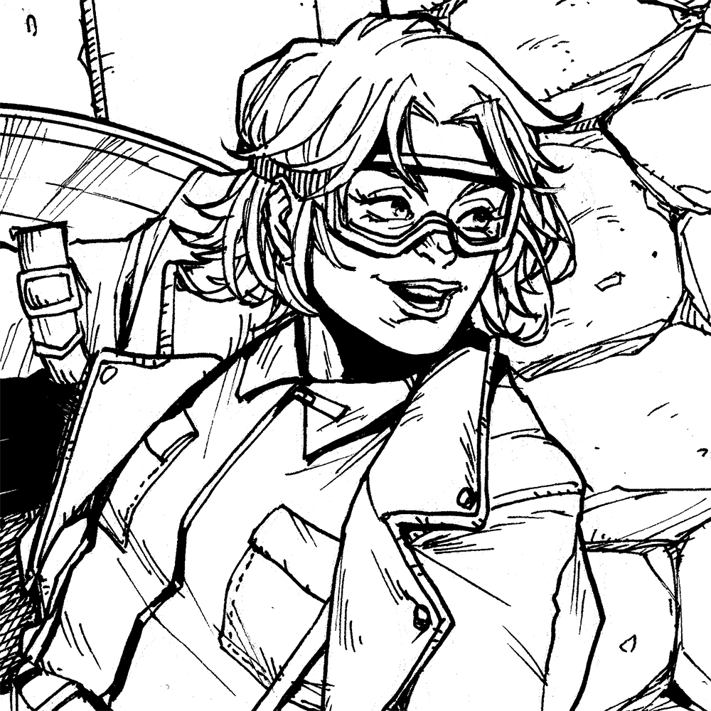 Escapade, she is putting her goggle, and having Arron Fischer's shield in her right hand.