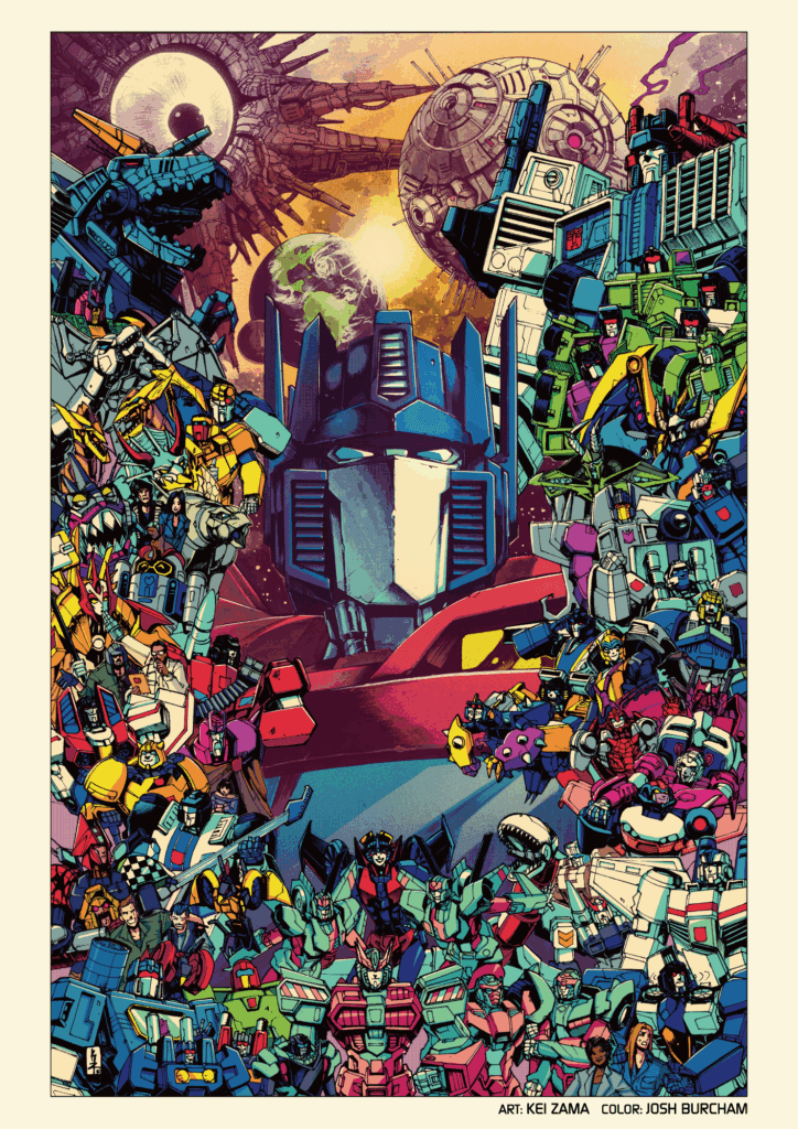 Optimus Prime #25 cover art. There is bust shot of the Optimus Prime on the center, around him, a bunch of characters from comics. on the back ground, there are Unicron's eye, planet cybertron and earth.